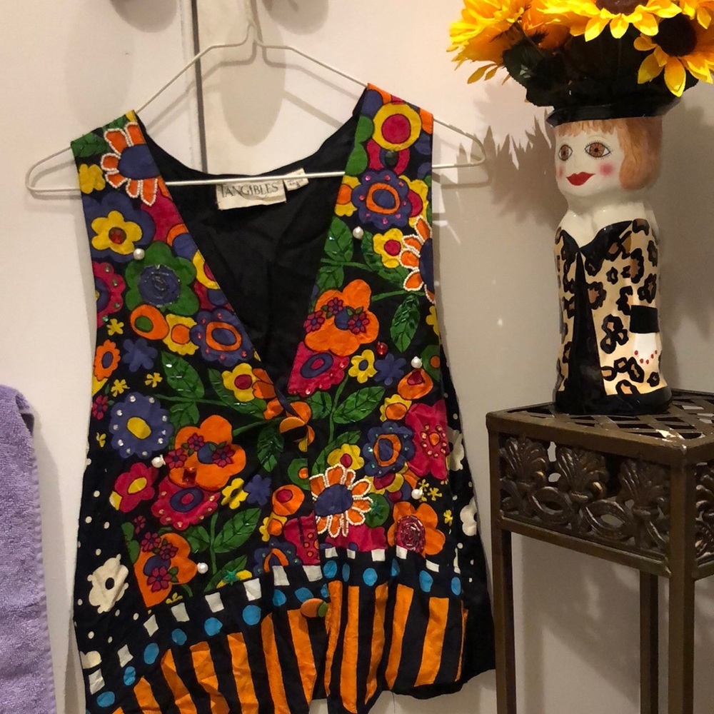 Vintage “flower power hippie vest”. flowers with beading,sequins, “pearls”small.